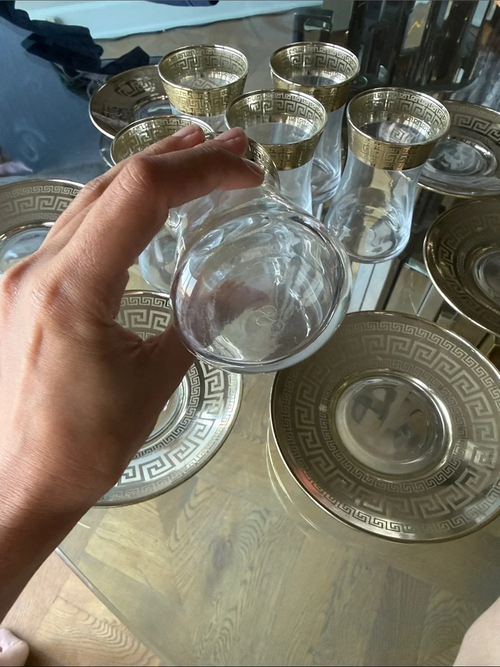 Clear Glass Tea Cup and Saucer Set with Gold Greek Key Accent